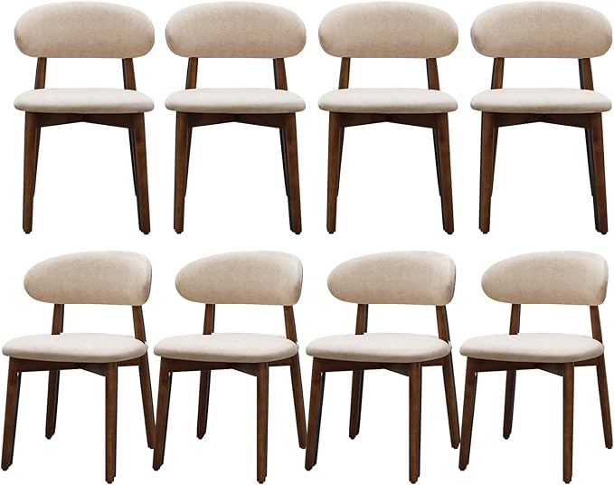 Farmhouse Dining Chairs Set of 8, Mid Century Modern Wooden Dining Room Chairs, Farmhouse Fabric Upholstered Kitchen Dinner Chairs for Living Room Restaurant Cafe, Walnut/Light Camel
