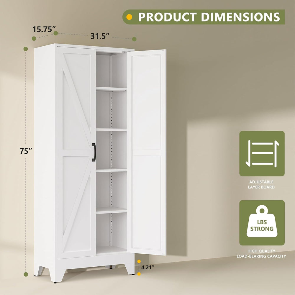 RAVIGIN Farmhouse Storage Cabinet,75" H Metal Pantry Cabinet with Barn D...