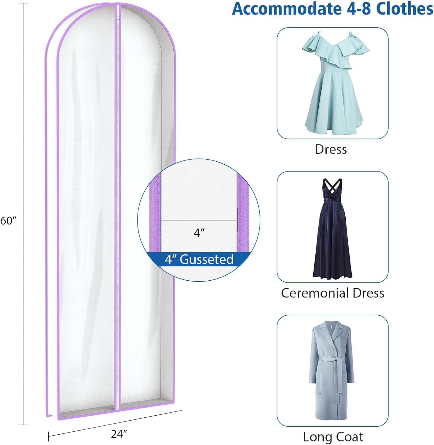 Zilink Garment Bags for Long Dress Wedding Dress Bags for Gowns Long 72 in | 3 in Gusseted, Dress Storage Bags Hanging for Long Evening Dresses, Winter Fur Coat, Prom Dresses, 4-Pack