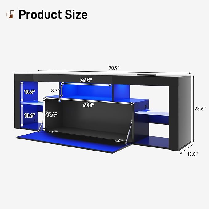 71" Floating High Gloss LED TV Stand for up to 85" TVs, Wall-Mounted Entertainment Center, Modern Media Console w/USB Outlets, Open Adjustable Glass Shelf&Hidden Storage Cabinet, Black