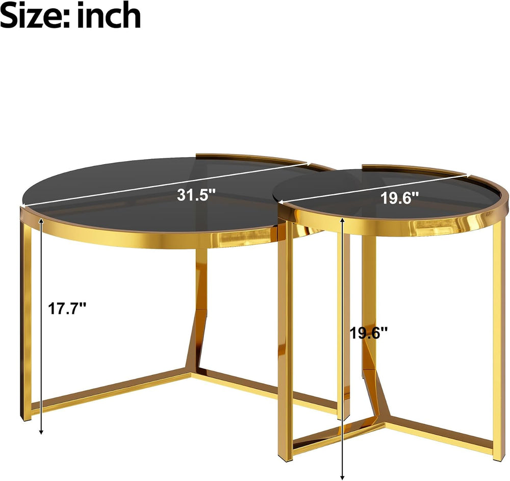 31.5" Gold Round Nesting Coffee Table Set of 2, Modern Tempered Glass Co...