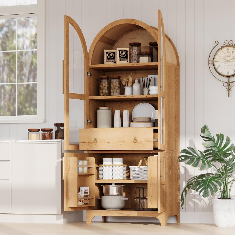 71 Inch Arched Kitchen Pantry Cabinet with Glass Doors and Hidden Drawer, Far...