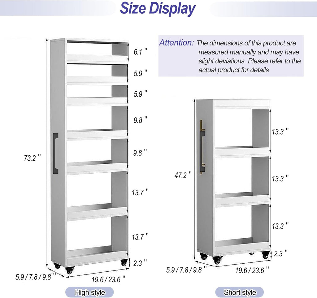 7-Tier Slim Storage Cart, Wooden Rolling Pantry Cabinet with Wheels, Narrow Shelf Organizer for Kitchen, Bakers Rack, Dining Room, Closet, Small Spaces Dark Walnut 47.2" H*9.8" W*16.9" D