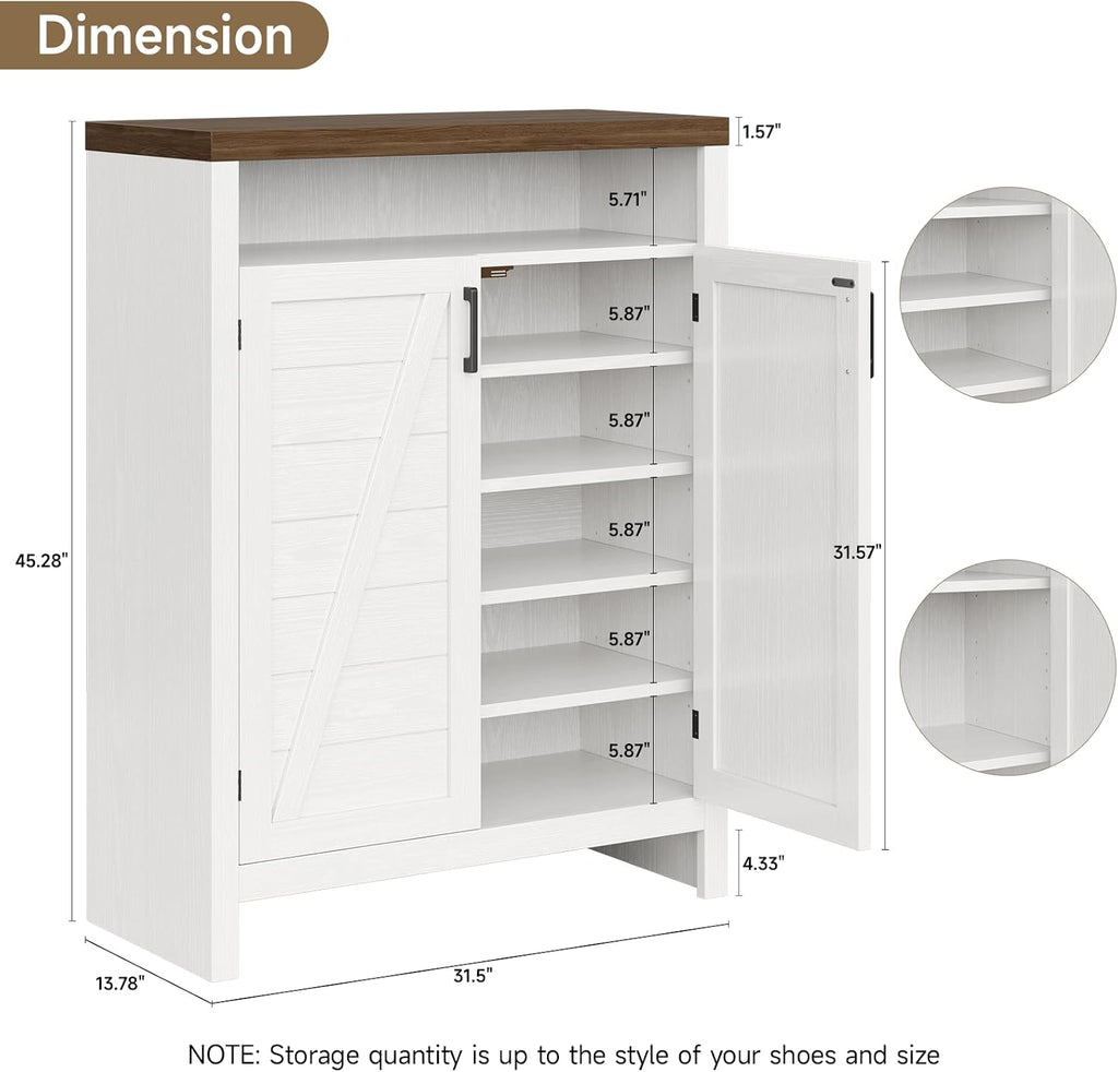 6-Tier Shoe Cabinet with Doors,Farmhouse Shoe Storage Cabinet,White | Narrow Shoe Cabinet with Adjustable Shelves, Large Capacity Wooden Shoe Rack Organizer for Entryway, Hallway, Living Room