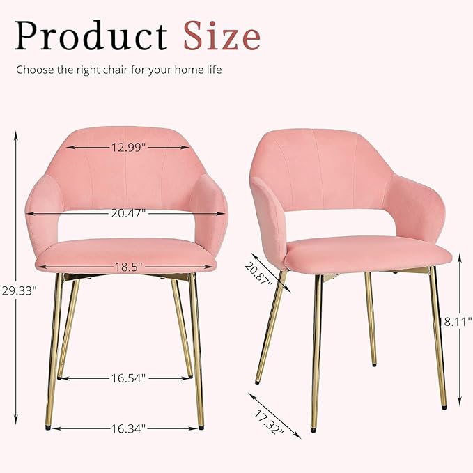 VECELO Velvet Dining Chairs Set of 2, Modern Upholstered Kitchen Chairs with Cushion, Padded Backrest and Metal Legs, Pink