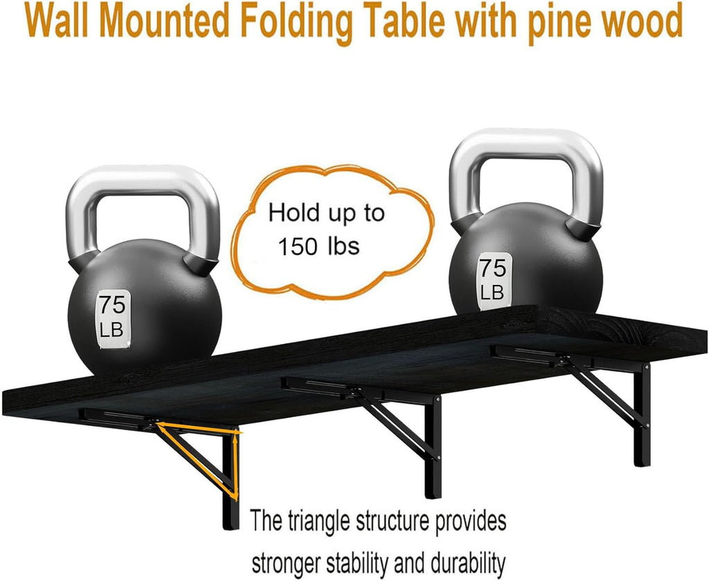 IAE Wall Mounted Folding Table with Pine Wood,48" x 16" Floating Wall Desk,Laundry Folding Table with Shelf Brackets,Fold Down Desk Shelf,Folding Workbench for Home,Dining,Laundry Room,Kitchen