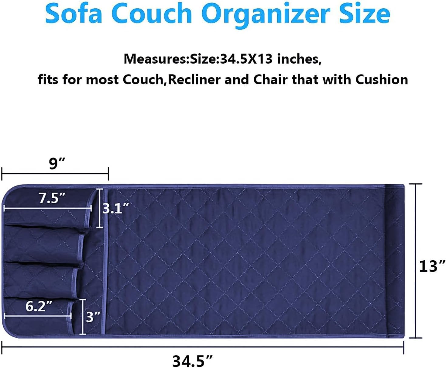 Sofa Armrest Organizer Non-Slip Arm Chair Bedside Caddy Storage Organizer for Recliner Couch with 5 Pockets for Cell Phone TV Remote Control Magazines (BLUE)