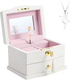 Ballerina Musical Jewelry Box with Mirror for girls，Kid's Jewelry Storage Music Chest (White-L)