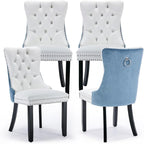 Leather Upholstered Dining Chairs Set of 4, Modern Style Kitchen Side Chairs with Nailhead Trim and Wood Leg, Metal Pulling Ring for Dining Room Living Room(White&Blue,Set of 4)