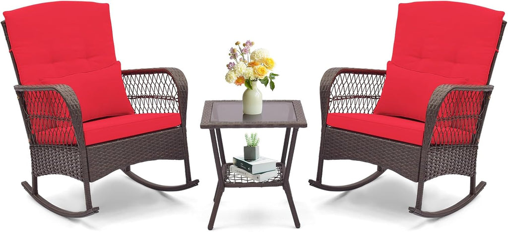 ORALNER 3 Pieces Patio Rocking Chair Set, Wicker Bistro Set (Red) | Outdoor Furniture, Rattan Rocker Set, Cushions, Pillows, Glass Coffee Table, for Balcony Front Porch Poolside Garden Deck