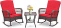 ORALNER 3 Pieces Patio Rocking Chair Set, Wicker Bistro Set (Red) | Outdoor Furniture, Rattan Rocker Set, Cushions, Pillows, Glass Coffee Table, for Balcony Front Porch Poolside Garden Deck