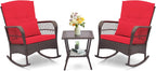 ORALNER 3 Pieces Patio Rocking Chair Set, Wicker Bistro Set (Red) | Outdoor Furniture, Rattan Rocker Set, Cushions, Pillows, Glass Coffee Table, for Balcony Front Porch Poolside Garden Deck