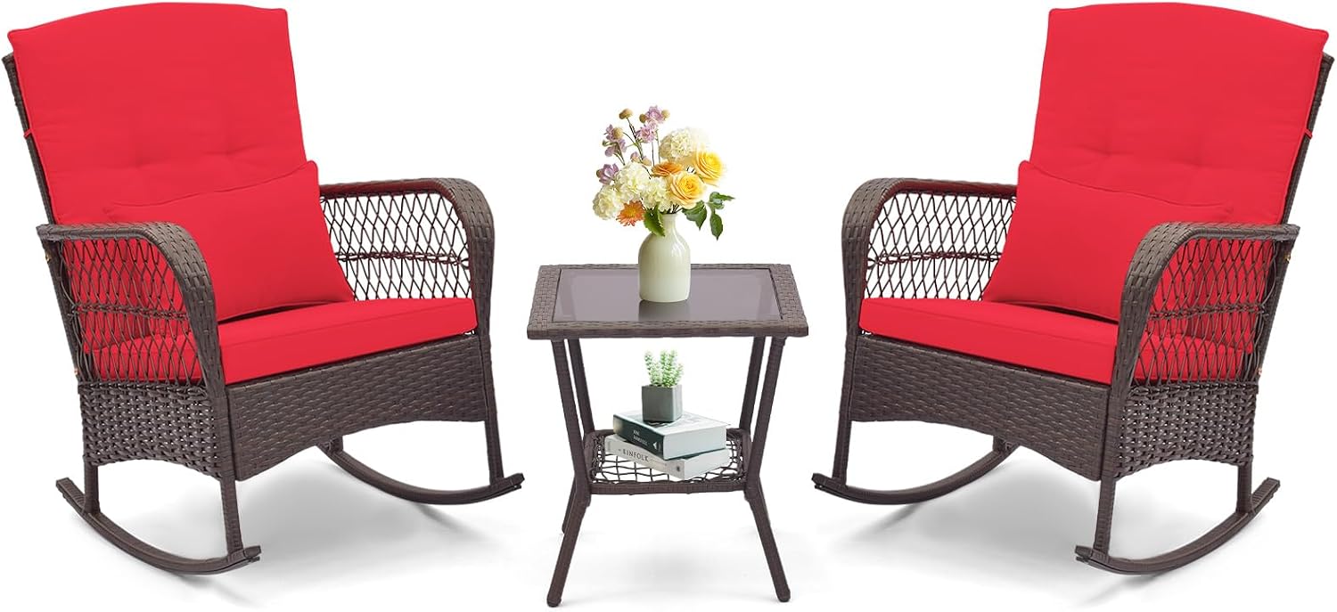 ORALNER 3 Pieces Patio Rocking Chair Set, Wicker Bistro Set (Red) | Outdoor Furniture, Rattan Rocker Set, Cushions, Pillows, Glass Coffee Table, for Balcony Front Porch Poolside Garden Deck