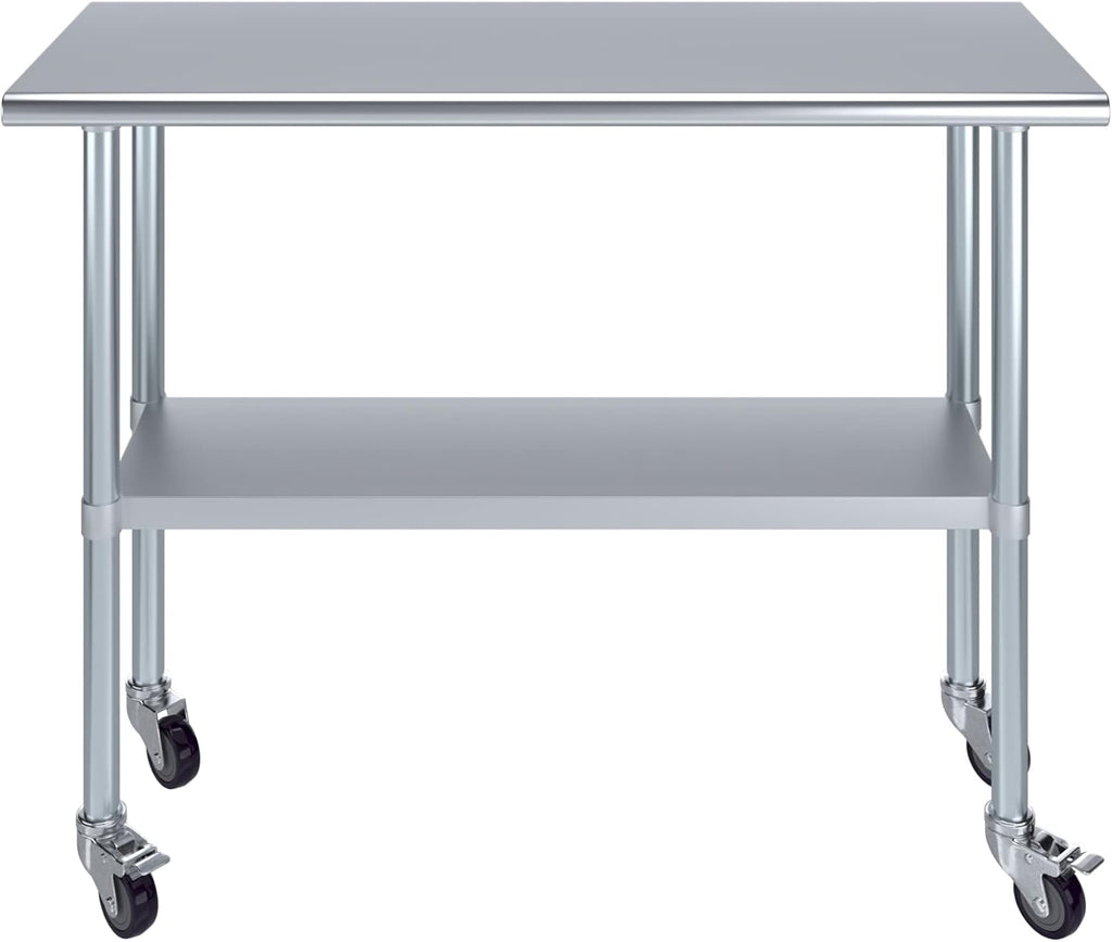 AmGood 18" x 48" Stainless Steel Work Table with Casters | Heavy Duty Metal Utility Table On Wheels | Kitchen Island Cart
