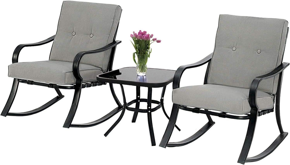 Outdoor 3-Piece Rocking Chairs, Patio Bistro Furniture Set, 2 Black Steel Roc...