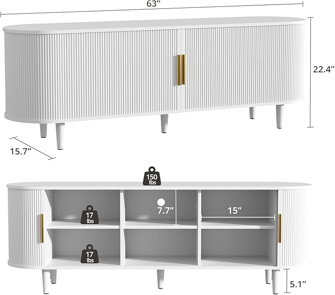 VOWNER 63" Fluted TV Stand, Modern Entertainment Center for TVs Up to 65" with Adjustable Shelves and Sliding Doors, Curved Media Console Table with Storage Cabinet for Living Room Bedroom (White)