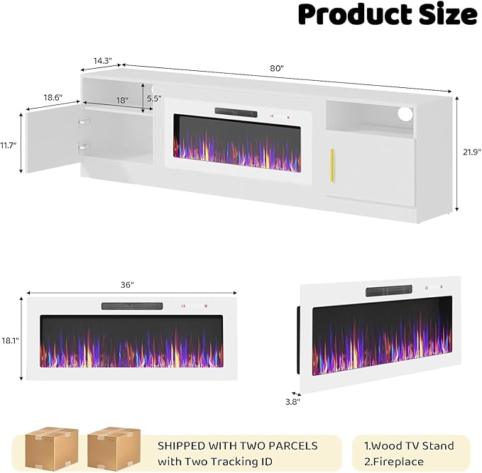 Lemberi Fireplace tv Stand with 36 inch White Fireplace Up to 90" TVs, LED Light Entertainment Center and Storage, 80" Modern Wood Media TV Console with Highlight Cabinet for Living Room