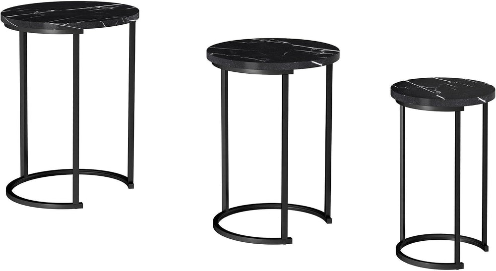 Lavish Home Round Nesting Tables Set of 3, Faux Marble Tabletop, Black