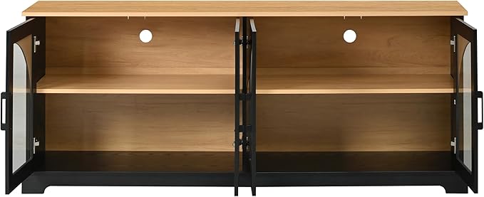 Farmhouse TV Stand with Adjustable Shelves for TVs up to 70'', Entertainment Center with Semi-Arched Glass Doors, Wood Grain Sideboard with Cable Management for Living Room, Black