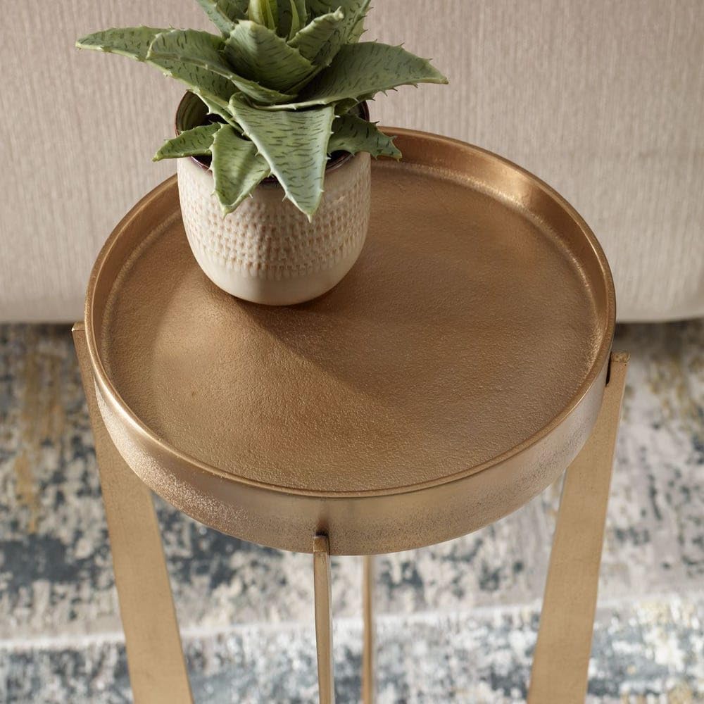 Old Brass Antique Cast Aluminum Accent Table Round Tray Top Modern Side Table...