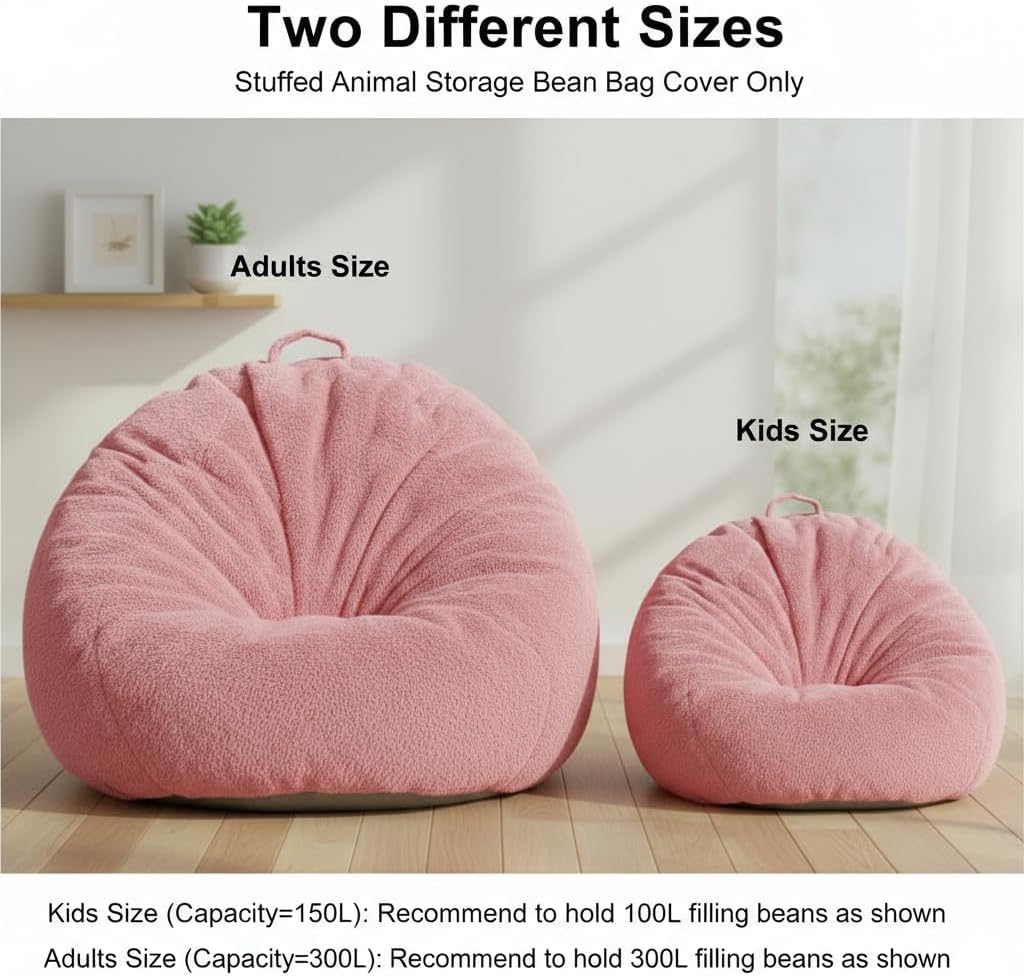 Faux Rabbit Fur Bean Bag Chair Cover Only (No Filler), Stuffed Animal Storage Bean Bag Cover, Ultra‑Soft, Washable, Zippered, Non‑Slip Bottom, Handle,Living Room Furniture for Adults Pink