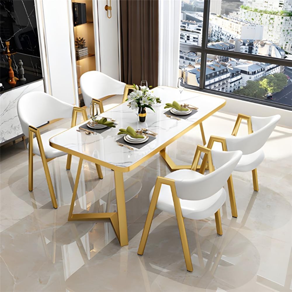 Dining Table Set Marble Stone Tabletop Nordic Style Dining Table Rectangle for Dining Room Kitchen Leisure 5 Piece (Contains 4 Chairs 1 Table) -Yellow