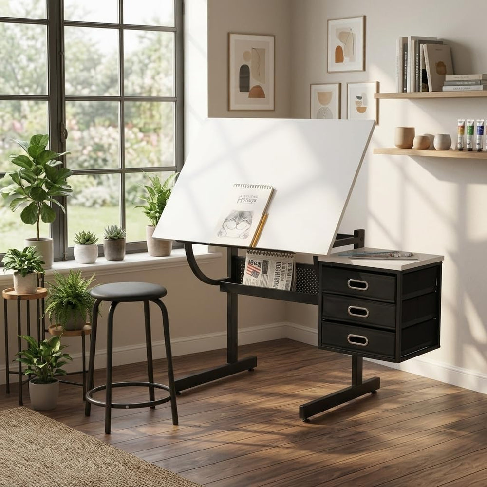 Drafting Table Adjustable Drawing Desk with Stool and 3 Drawers, 0-75° Tiltab...