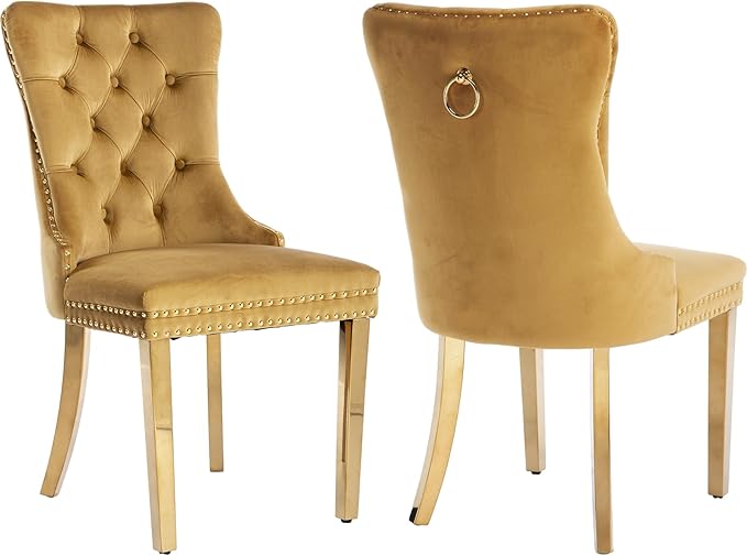 Mid Century Modern Dining Chairs Set of 2, Yellow Velvet Upholstered Tufted Back, Kitchen & Dining Room Chairs, Gold Metal Legs, Nailhead Trim, Sillas para Comedor (Yellow, 2 Pcs)