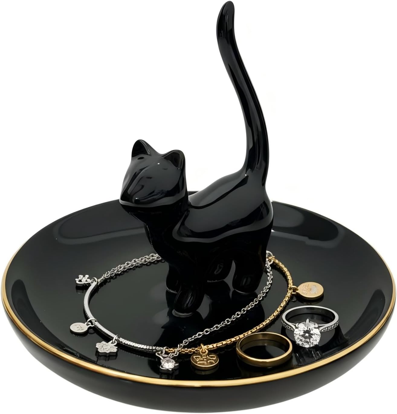 ROSA&ROSE Cat Ring Holder Trinket Tray Ceramic Jewelry Dish Porcelain Ring Organizer–Gift for Women,Girlfriend,Wife,Birthday or Anniversary (Black)