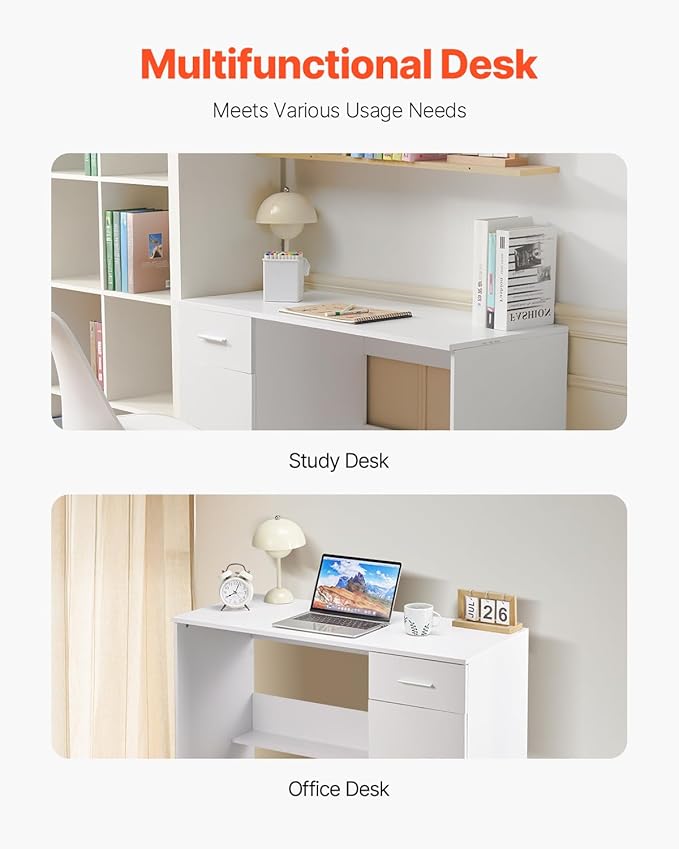 VEVOR Small Desk with Drawers, Wooden Table for Home Office, Small Computer Desk with Storage, Vanity Desk with Drawers, Study Table for Adults/Students for Drawing, Reading, Writing, White