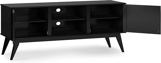 SIMPLIHOME Draper TV Stand - 60 inch Wide Solid Wood Low Media Console in Black, Mid Century Modern Entertainment Center for Living Room for TVs up to 65 Inches with Cabinets and Cable Management