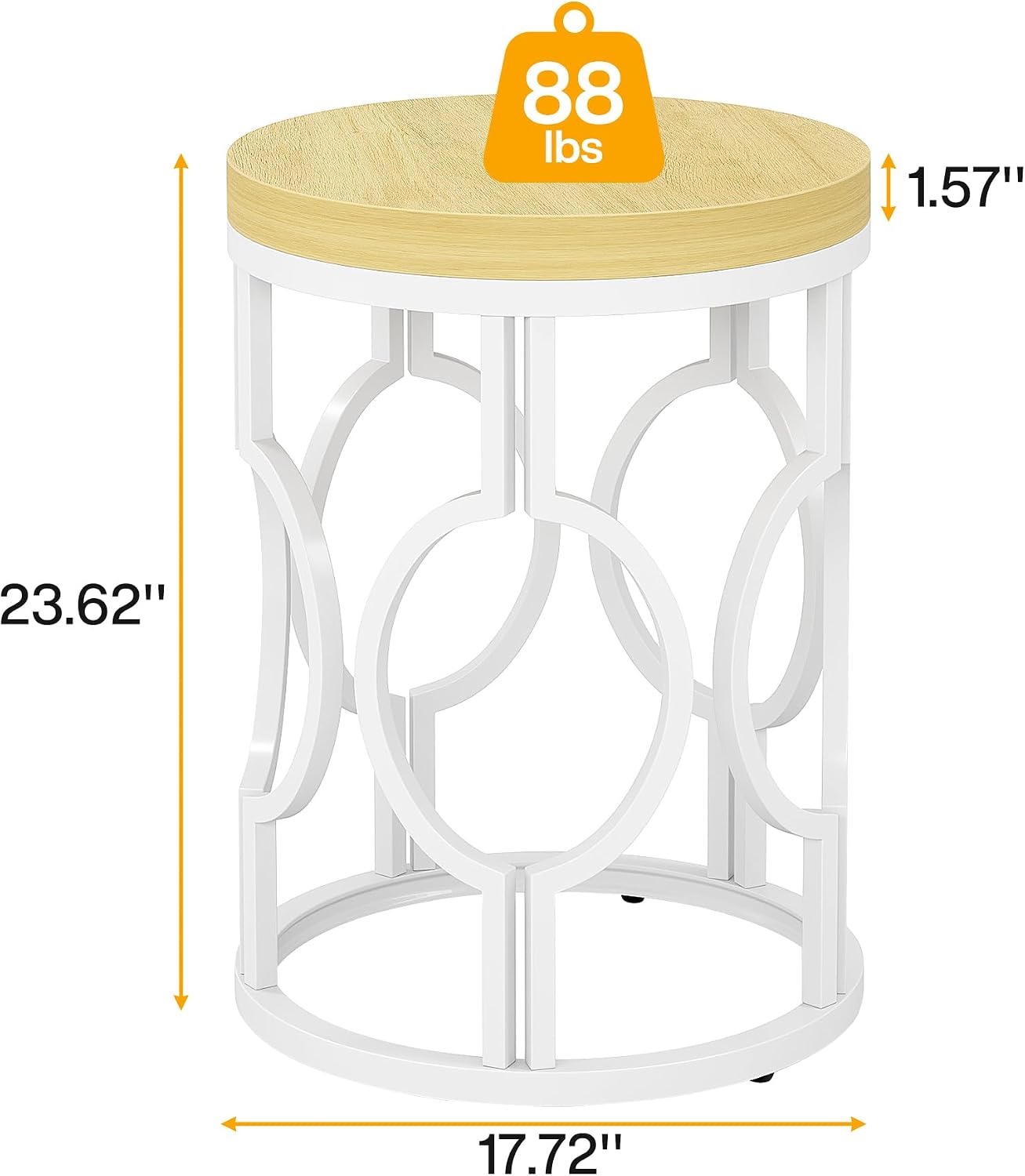 Tribesigns Round End Table, Farmhouse Side Table with White Metal Hollow Frame, Small Bedside Table Nightstand for Living Room, Bedroom, Easy Assembly (Natural Beige,1PC)