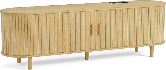 65" Mid Century Modern TV Stand, Wood TV Consoles with Sliding Doors and Power Outlet, Fluted Entertainment Center with Adjustable Shelves, Media Console for Living Room, Oak
