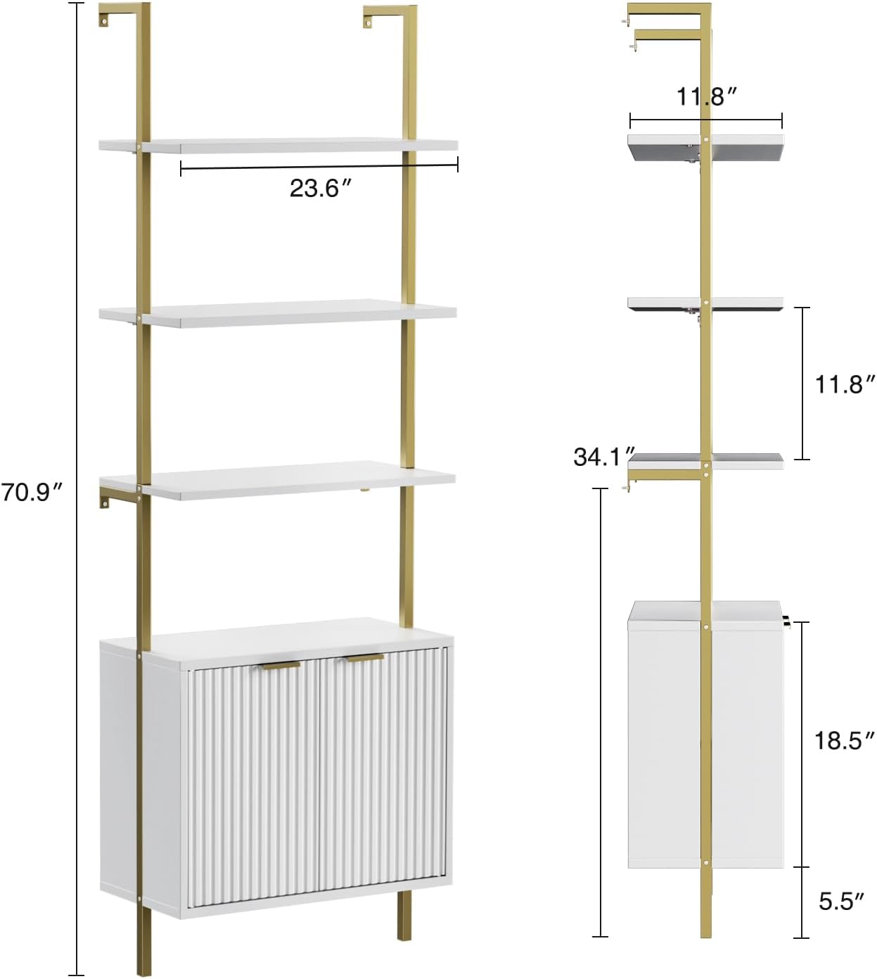 Halitaa 71”Ladder Shelf with Storage Cabinet, Wall Mounted Ladder Bookshelf | Modern Wall Mount Bookcase with Fluted Doors, Display Shelves for Living Room, Bedroom, Bathroom, Home Office, White & Gold