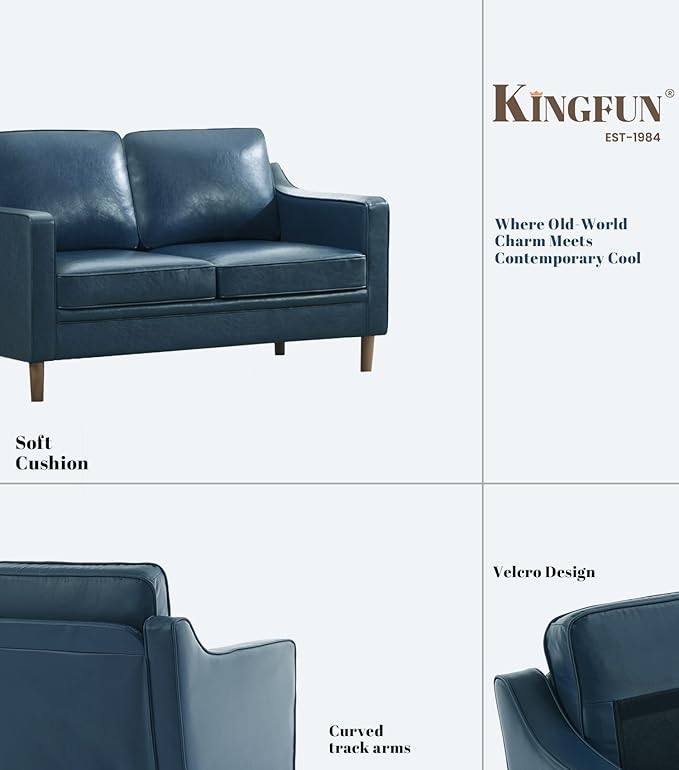 Kingfun 56" Faux Leather Sofa, Loveseat Couch, Mid Century Modern Love Seat Couches with Solid Wood Frame for Living Room & Bedroom, Blue