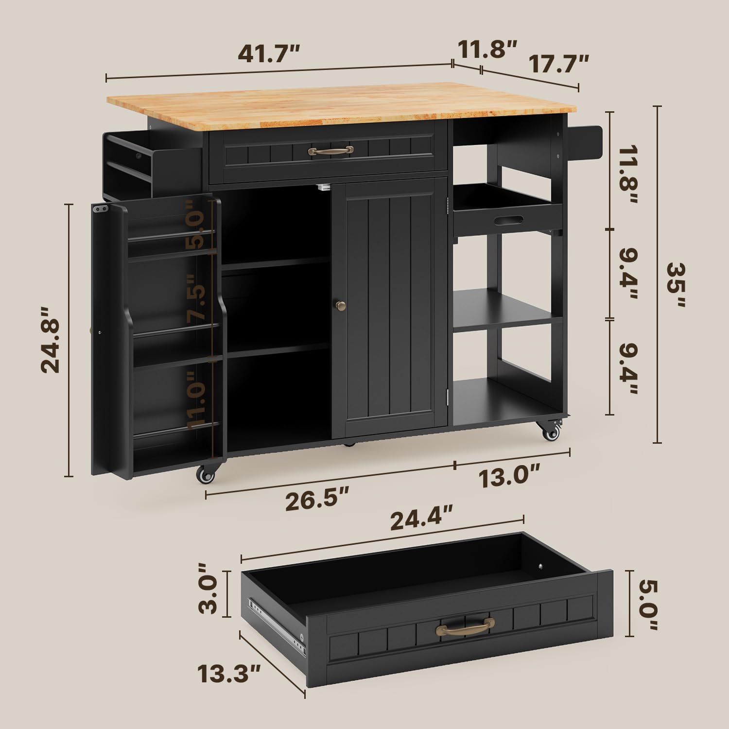 Gizoon 41.7" W Kitchen Island with Storage, Kitchen Island with Drop Leaf | Rolling Dining Cart with Foldable Countertop, 5 Wheels, Refrigerator Door, Adjustable Shelf Spice/Towel Rack, Black