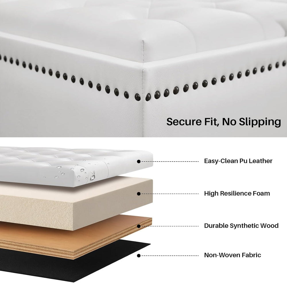Square Ottoman Coffee Table, Large Leather Ottoman with Storage | Oversized F...