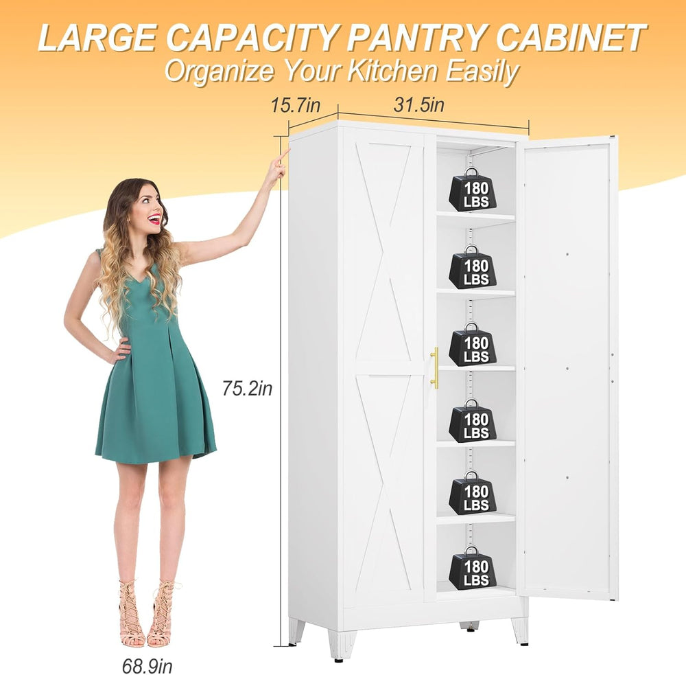 75.2" Tall Metal Kitchen Pantry Storage Cabinet, Freestanding Cupboard w...