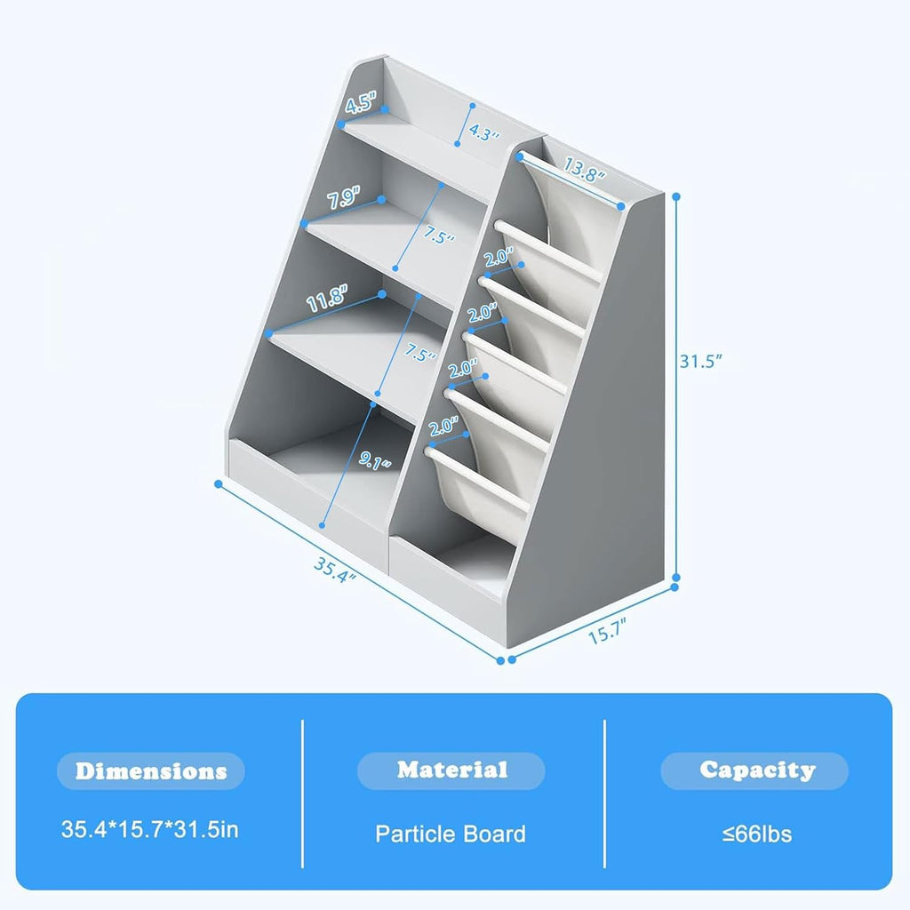 Gray 4 Tier Kids Wooden Bookshelf,Five Layer Sling Toddler Front Facing Bookcase,Baby Kids Storage Book Rack,Book and Toy Organizer Cabinet,Child Book Display Playroom Nursery Bedroom