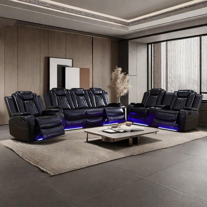 Power Recliner Set with LED Lights, Air Leather Reclining Set with USB Port/W...