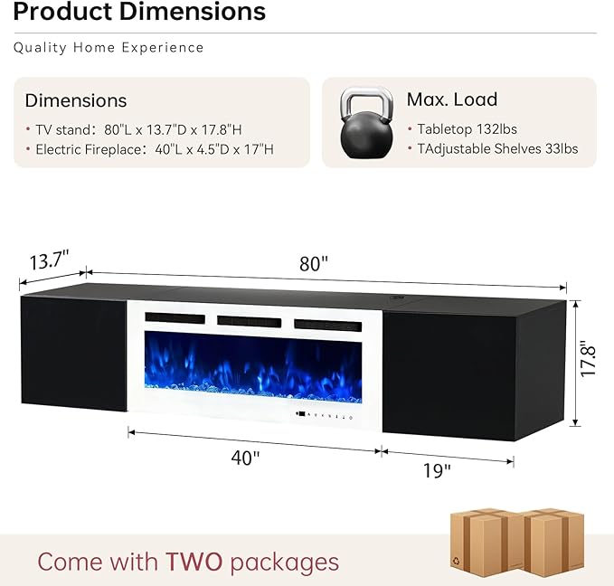 MXV 80'' Floating TV Stand, Modern Media Entertainment Center with 40" Electric Fireplace, TV Console Cabinet Wall Mounted, Adjustable 12-Color LED Lights, for Living Room, Black + White