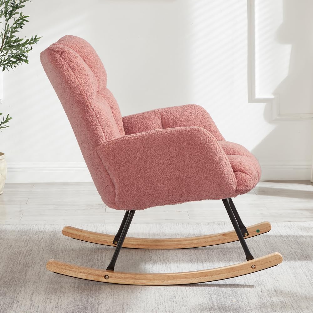 Tufted Upholstered Teddy Fabric Glider Rocking Chair with Metal Frame, Ergono...