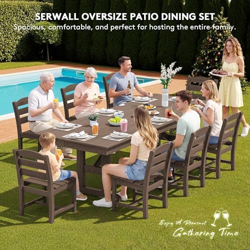 SERWALL 9Pcs 84" HDPE Outdoor Dining Set for 8 with Armless Chairs,Brown