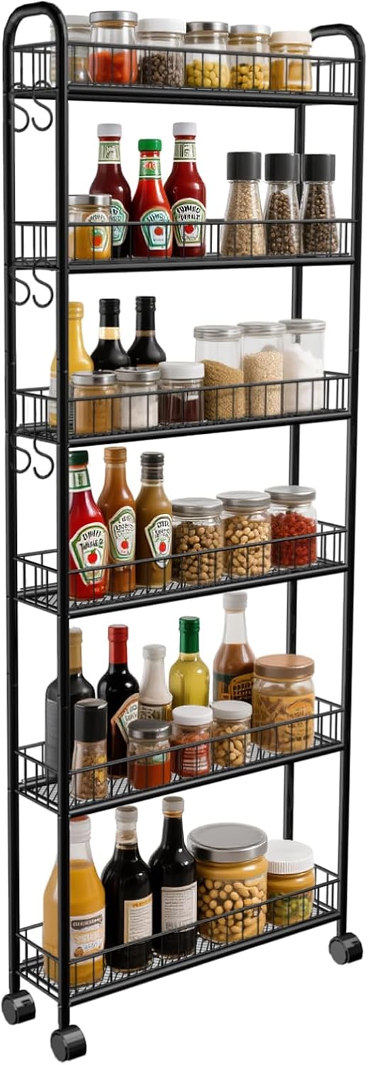 6in 6 Tier Slim Storage Cart with Wheels, Narrow Space Rolling Shelving Unit,...