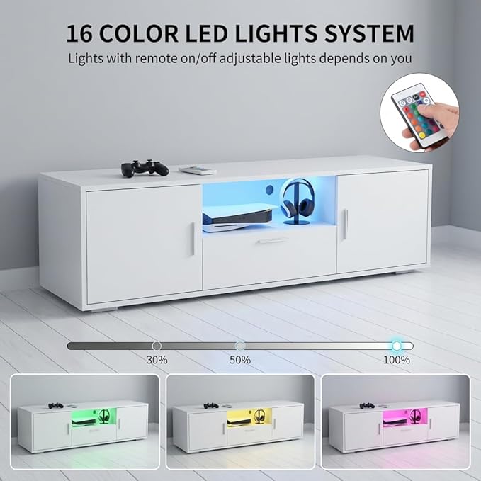 White TV Stand with 16-Color LED Lights, Single Drawer & Double Door Media Console, Supports up to 55 Inch TV & 200 lbs, Modern Entertainment Center
