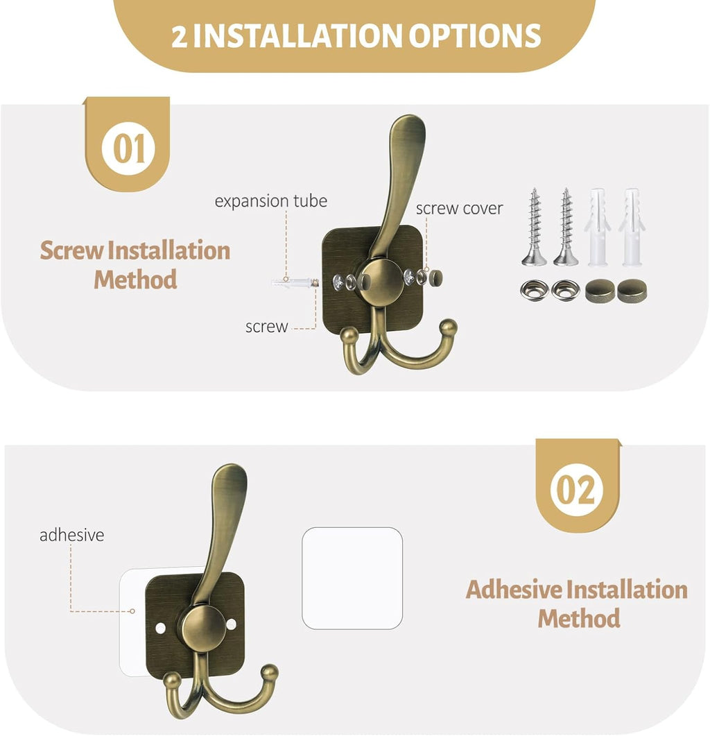 VIS'V 3 Prong Coat Hooks Wall Mount, Metal Self Adhesive Entryway Wall Hooks, 2 Mount Options, Bronze, 4 Pcs