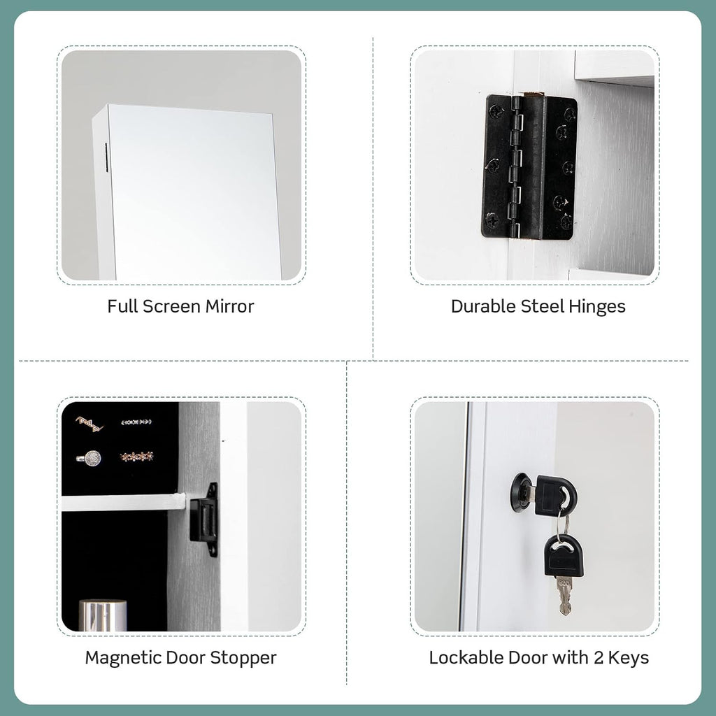 COSTWAY Mirror Jewelry Cabinet with Wheels, Standing Full-length Mirror with Jewelry Storage, Lockable Jewelry Organizer Box with Drawers, Rolling Jewelry Armoire for Women Girls Bedroom (White)