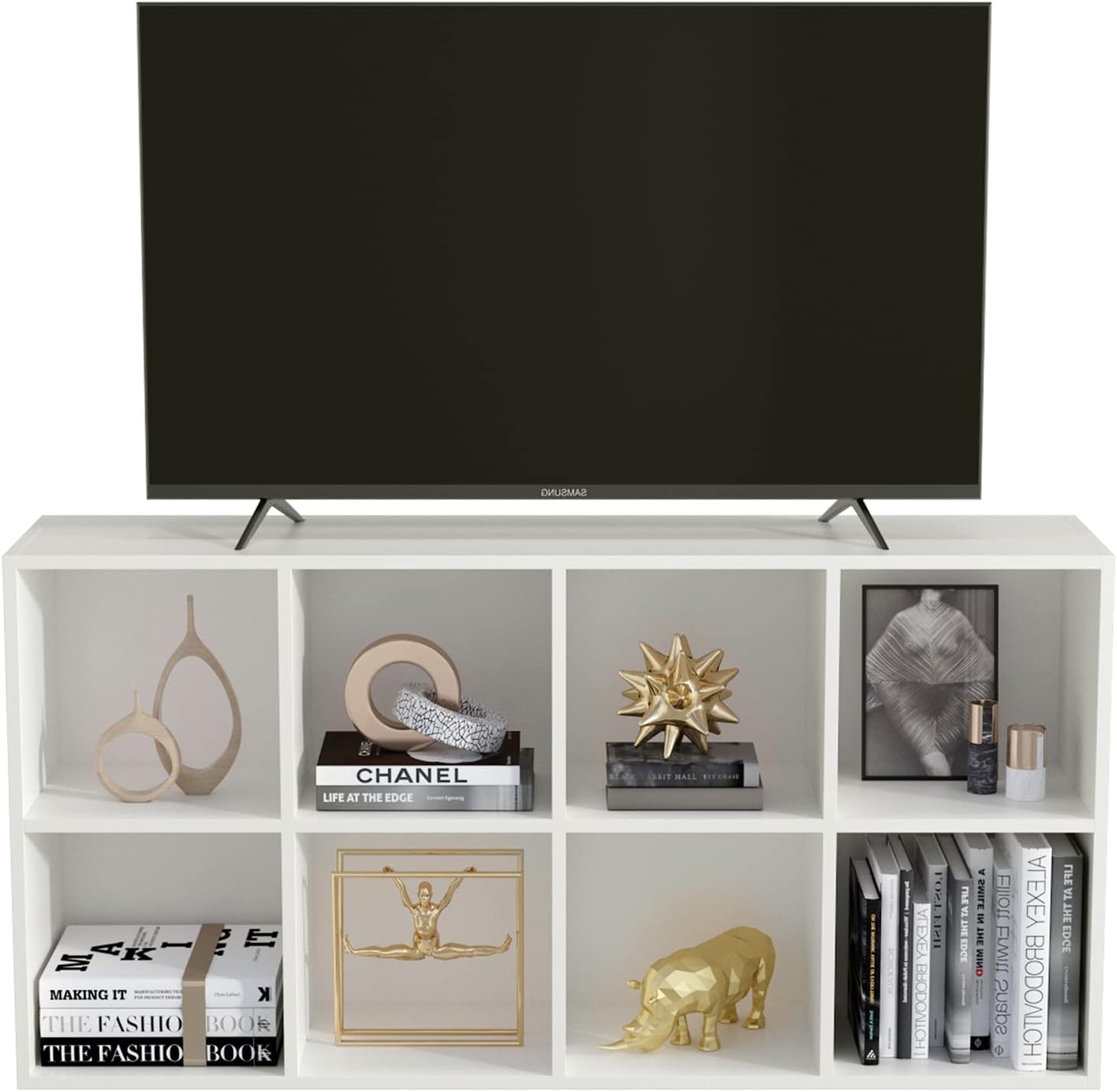 8-Cube Storage Shelf Bookcase - Wooden 4-Tier Floor Standing Open Bookshelf, Modern TV Stand up to 55 Inchs for Home and Office, Warm White