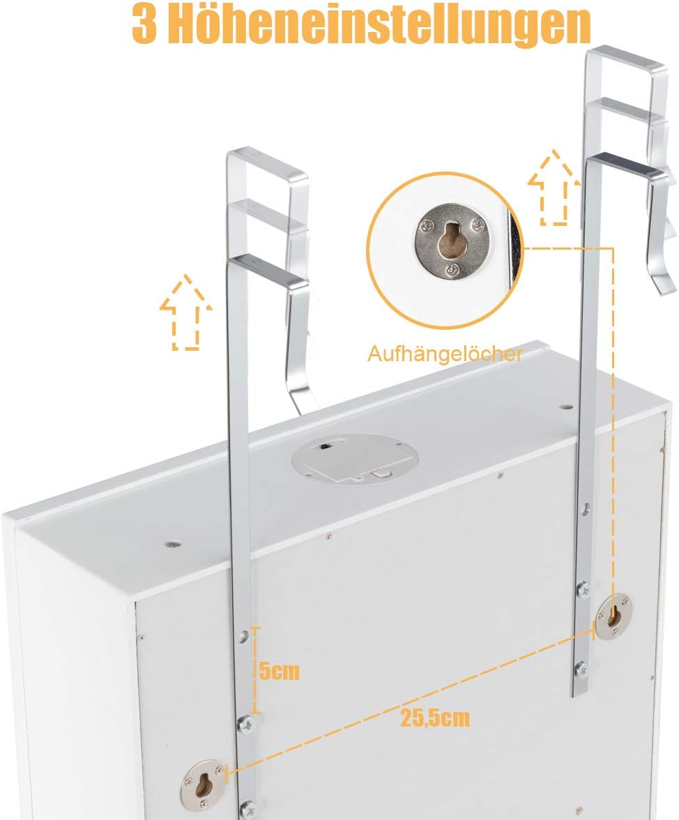 COSTWAY Jewellery Cabinet with LED Lighting, 6 Drawers and Mirror, Hanging Sail Cabinet, Wall Cabinet for Door and Wall Mounting, Lockable (White)