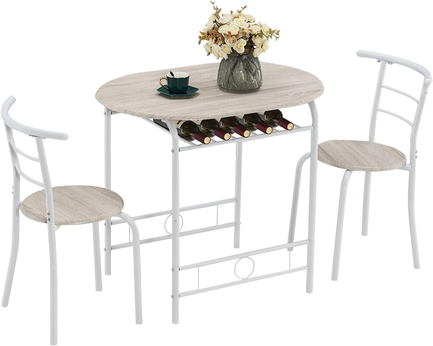 VINGLI 3 Piece Dining Set,Small Kitchen Table Set for 2,Breakfast Table Set,Kitchen Wooden Table and 2 Chairs for Small Space/Dining Room/Apartment,Metal Frame,Wine Rack,White&Light Oak